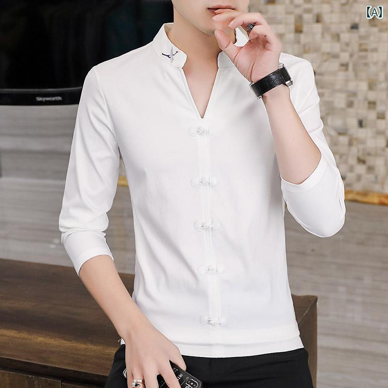 メンズ Tシャツ Vネック 長袖 春秋 チャイナ風 スリム クール スタイリッシュ アーバン 休日 レジャー ホームウェア 紳士服