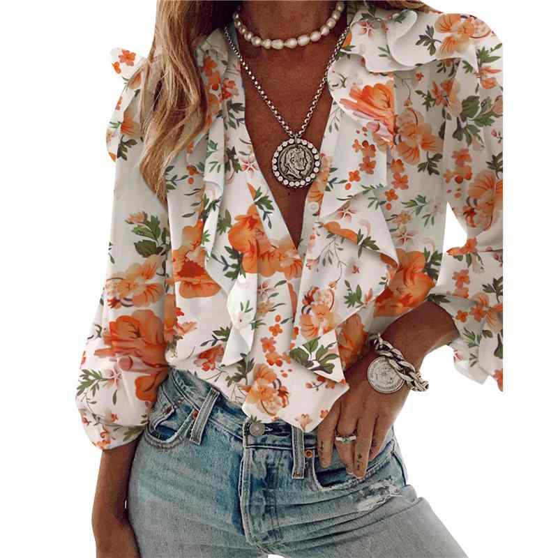 レディース 長袖 シャツ プリント フリル Vネック ロングスリーブ エレガント 大人 カジュアル バタフライ 蝶々 トップス スタイリッシュ
