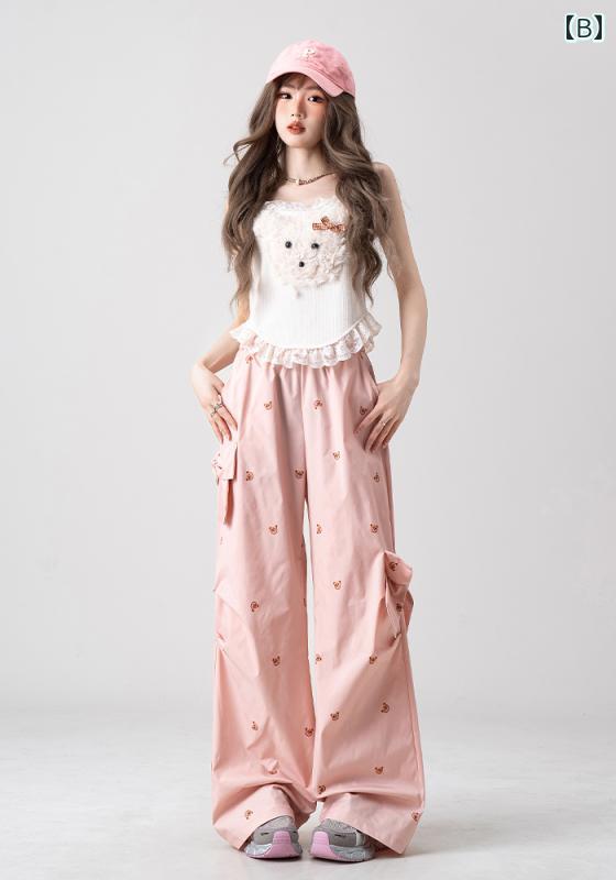 レディース パンツ ロング ワイドレッグ 熊 ベア 刺繍 リボン 立体的 蝶結び 非対称 ストレート モード ストリート ユニーク おしゃれかわいい フェミニン 黒 薄ピンク 薄青