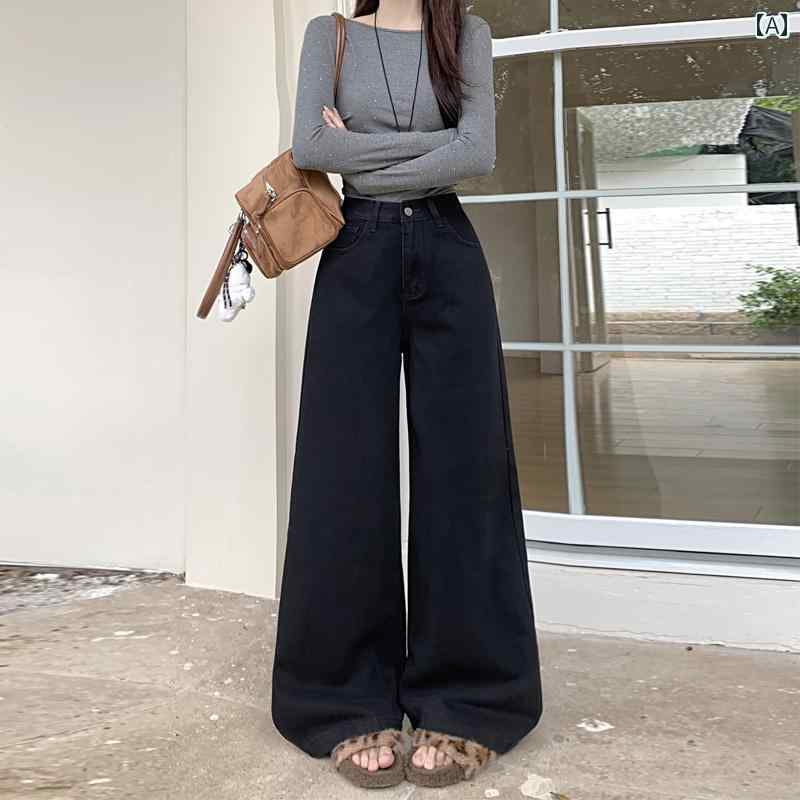 デニムパンツ レディース ジーンズ ハイウエスト ゆったり スリミング フロア モップ ドレープ ストレ..