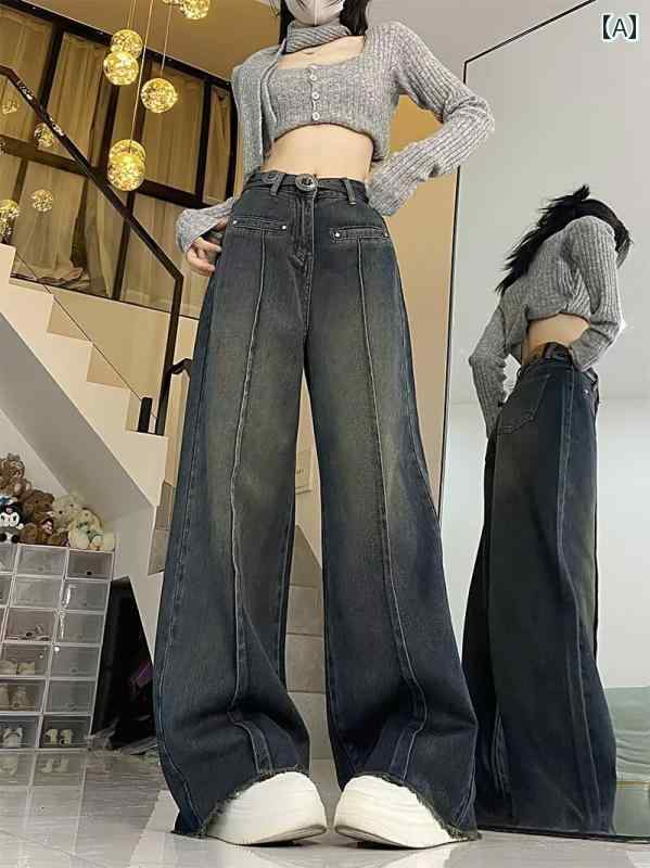 デニムパンツ レディース レトロ ストレート ジーンズ ユニセックス ストリート ベルト 付き フロアレングス パンツ カジュアル