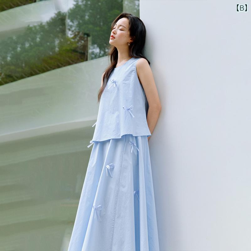 レディース セットアップ 上下セット 2点セット トップ スカート おしゃれ かわいい カジュアル フェミニン デート リボン シャツ ブラウス ノースリーブ