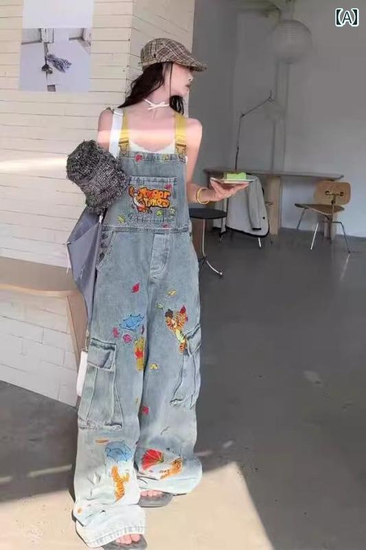 ラ・グラーヌのオーバーオール サロペット デニム パンツ レディース カジュアル アメリカ ホット ガール ウォッシュ オーバー オール 風 キュート ジーンズ ワイド レッグ｜アングル2