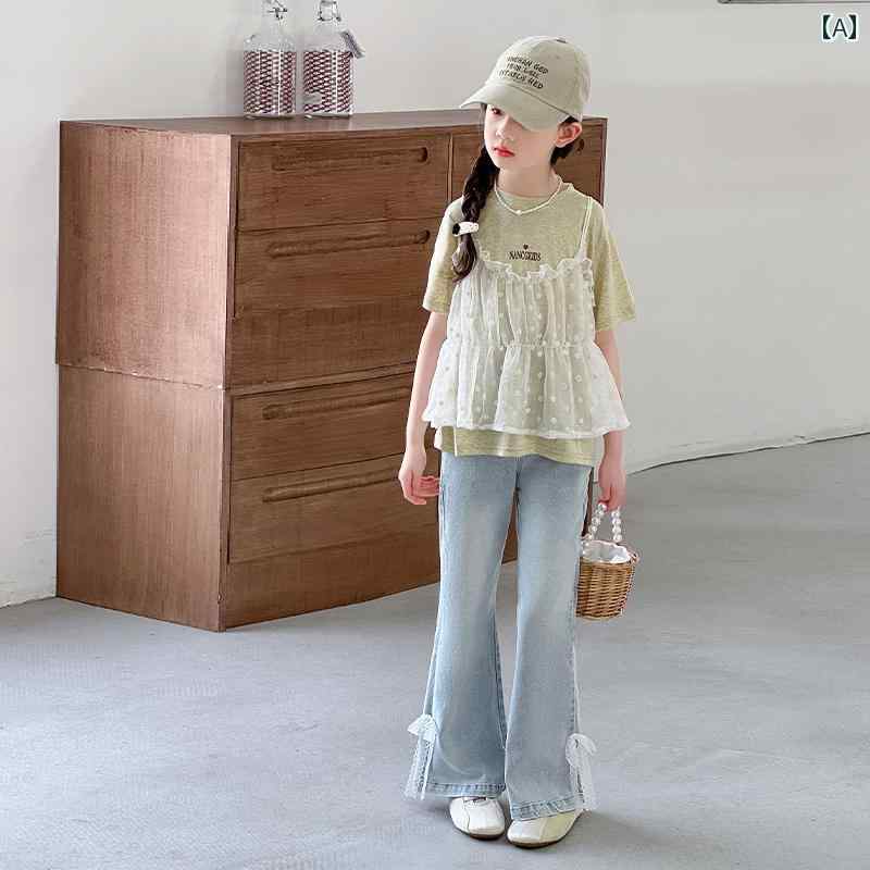 キッズ 女の子 スタイリッシュ 夏 セット 子供 ファッション デニム フレア パンツ 韓国 重ね着 レイヤード おしゃれ 個性