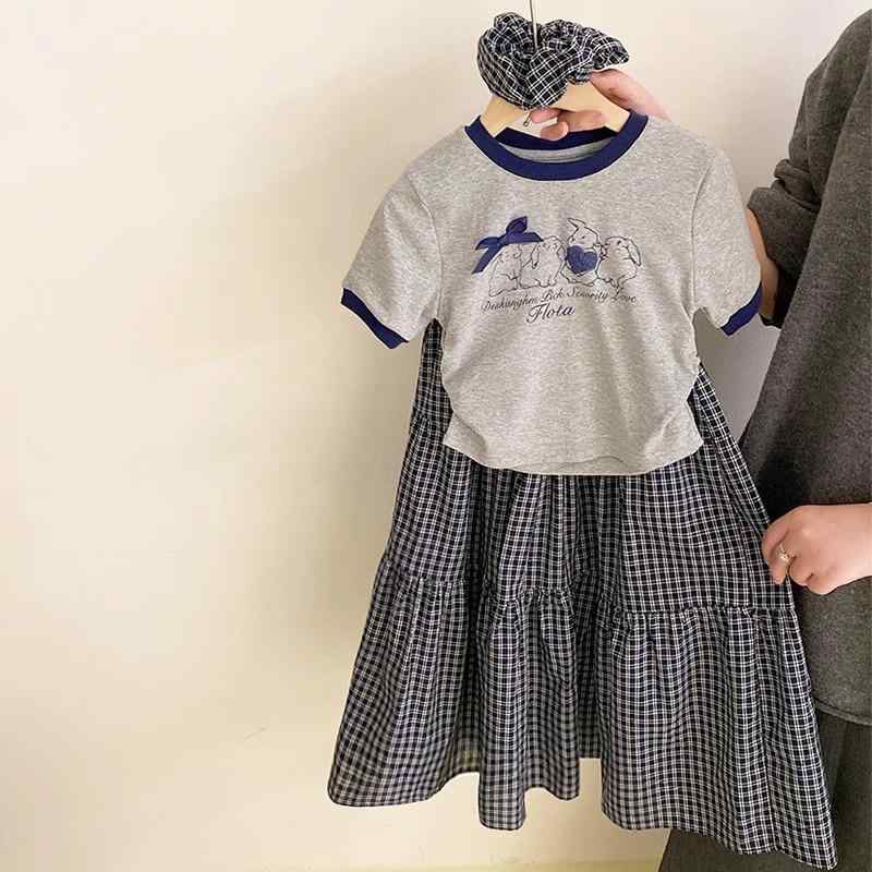 キッズ 女の子 チェック柄 スカート トップス 半袖 Tシャツ ヘアゴム 夏 子供用 カジュアル 韓国 薄手 ..