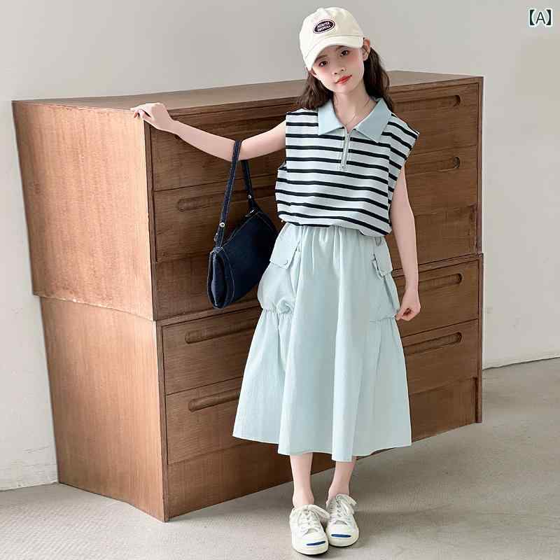キッズ 女の子 スカート ノースリーブ ベスト トップス 夏 ファッション セットアップ 子供 涼しい 通気性 動きやすい 韓国 薄手