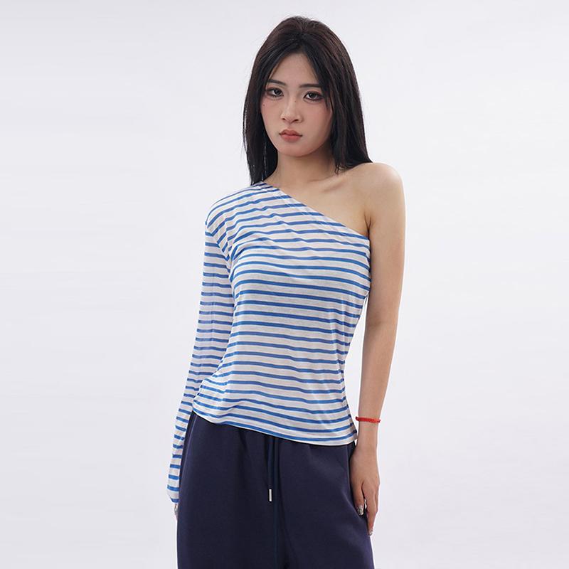 ホットガール 非対称 ユニーク おしゃれ ストライプ柄 おしゃれ ブルー セクシー 長袖 エレガント Tシ..