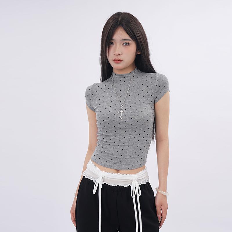 ハーフハイネック ドット柄 シンプル ガーリー 半袖 Tシャツ おしゃれ レディース 夏 タイト クール ギャル 伸縮性 ショート丈 へそ出し グレー トップス 快適