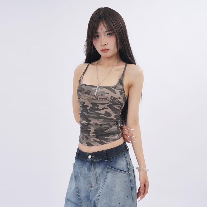 夏 女性 レディース アメリカン スタイリッシュ 迷彩柄 キャミソール タンクトップ へそ出し タイト シ..