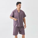パジャマ サウナ服 スパウェア ストライプ 半袖 シャツ トップス ハーフパンツ Vネック サテン レディース メンズ シンプル カジュアル 薄手 吸水 岩盤浴 リラックス ラフ カップル ペア