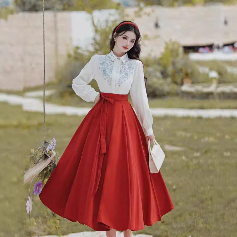 シャツ ブラウス スカート セットアップ チャイナ風 赤いスカート スーツ 春 漢服 エキゾチック ガーリ..