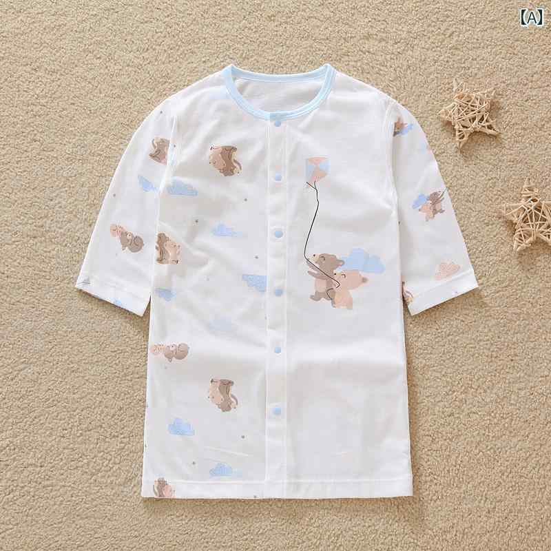 ベビー ウェア コットン プリント パジャマ 長袖 前開きボタン 丸襟 ロング丈 ナイトドレス カジュアル..