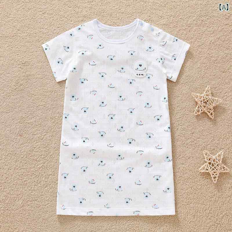 ベビーウェア コットン プリント シャツ 半袖 プルオーバー 肩ボタン付 丸襟 ロング丈 ナイト ドレス ..