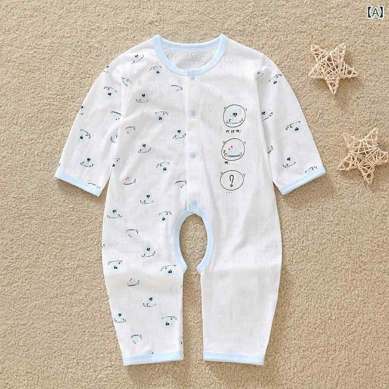 ベビー ウェア コットン プリント ロンパース 長袖 前開きボタン 丸襟 オープンクロッチ パジャマ カジ..