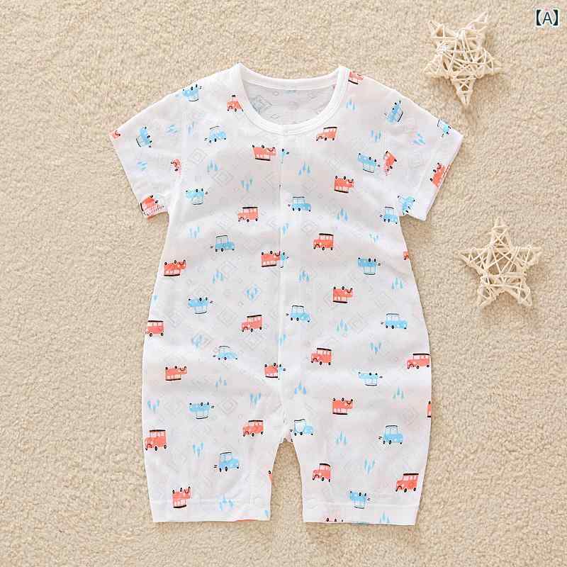 ベビーウェア コットン プリント ロンパース 半袖 前開きボタン 丸襟 ジャンプスーツ パジャマ カジュアル 薄手 通気性 新生児 夏 男の子 女の子 軽量 ソフト 日常使い プレゼント