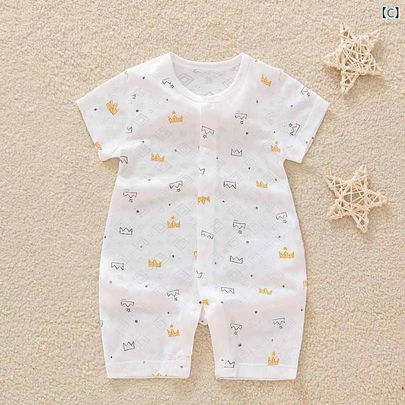ベビーウェア コットン プリント ロンパース 半袖 前開きボタン 丸襟 ジャンプスーツ パジャマ カジュアル 薄手 通気性 新生児 夏 男の子 女の子 軽量 ソフト 日常使い プレゼント