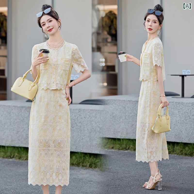 婦人服 セットアップ ファッション スーツ 夏 レディース ラウンドネック レース トップス スカート ツーピース 上品(4)