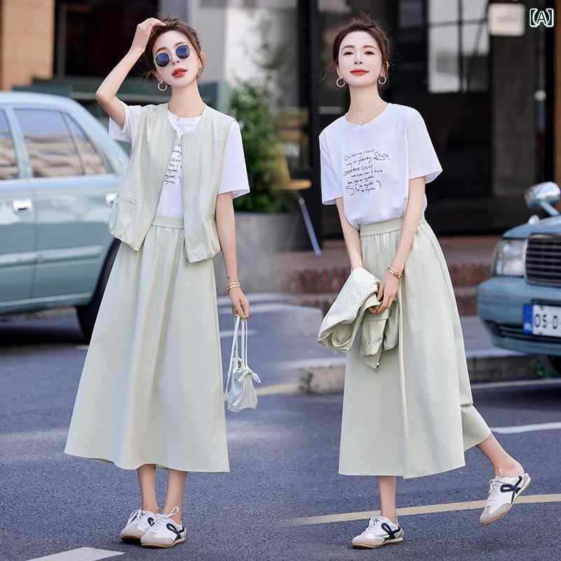 婦人服 カジュアル スーツ 夏 婦人服 洋風 セットアップ ノースリーブベスト Tシャツ スカート スリー..