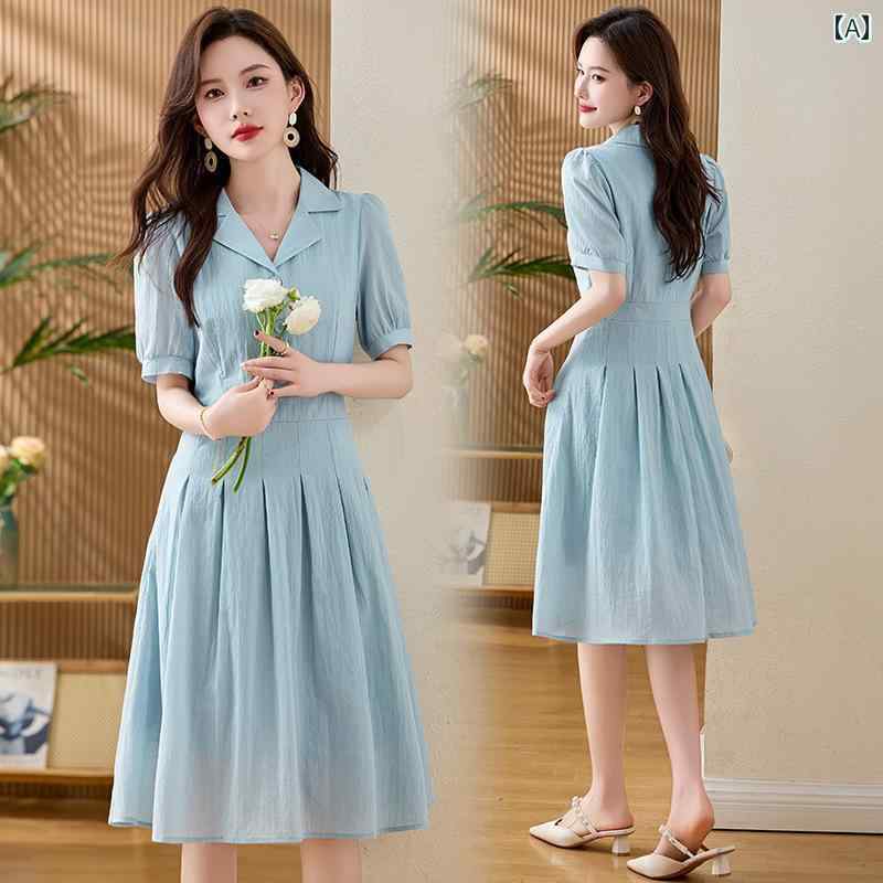 婦人服 ワンピース 夏 レトロ カレッジ ウエスト ドレス レディース カジュアル ミドル丈 フレア ヴィンテージ スカート(4)