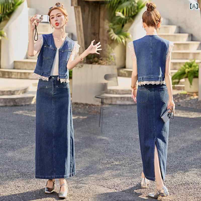 婦人服 セットアップ ファッション パンツ スーツ 夏 レトロ 涼しげ素材 レース スプライシング デニムジャケット スカート ツーピース 女性用