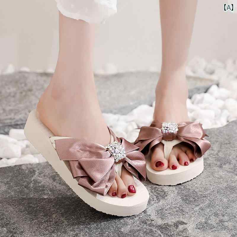 サンダル リボン ビーチ レディース サマー インス ラインストーン クリップ フット ビーチ 厚底 スリッパ シーサイド 夏(4)