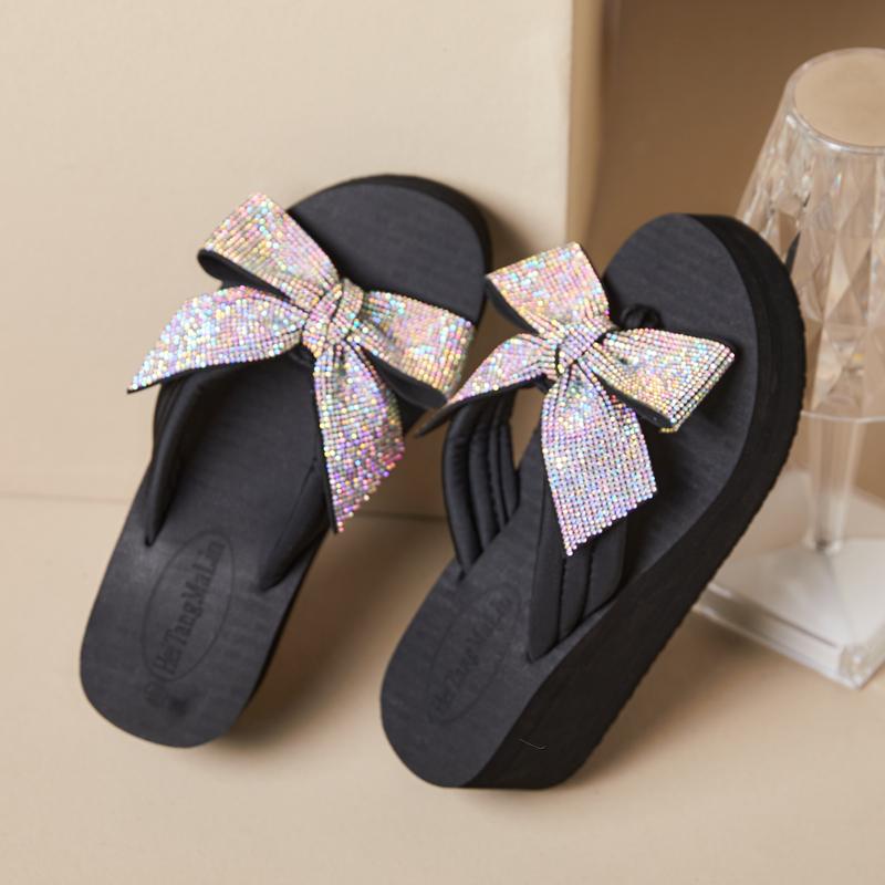 サンダル ラインストーン 大きいリボン ビーチ 女性用 夏 スイート ビーチ リゾート スリッパ 厚底 軽量 海辺 休暇