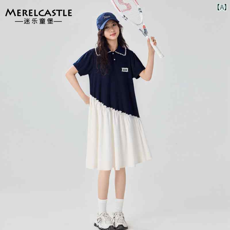 ワンピース キッズ 女の子 ドレス 夏 中学生 ガール シンプル ゆったり スポーティ スカート 女児 子供 夏 ポロカラー スカート