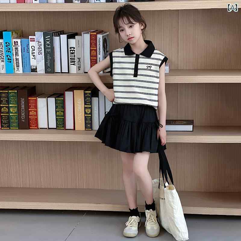 楽天ラ・グラーヌキッズ 女の子 サマー セット 中学生 女子 カレッジスタイル ストライプ ポロカラー 夏 スーツ ガール デザイン 子供 薄手 ショートスカート