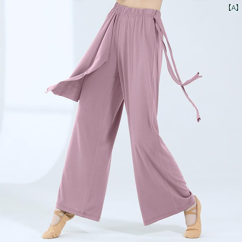 ダンスパンツ 羽根 無地 ストレート 裾広 ロング ウエストゴム リボン ゆったり 柔軟性 練習用 春夏 レディース バレエ エアリー リラックス 躍動感