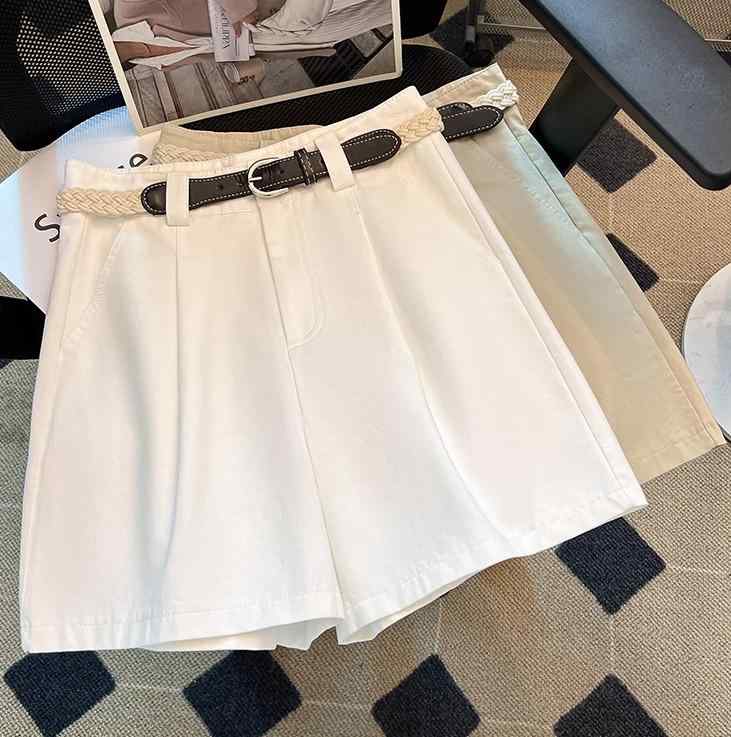 レディース ショート パンツ ホットパンツ カジュアル 薄ベージュ 白 ワイドレッグ フレア 薄手 モード ウエストベルト トレンド シンプル スタイリッシュ(4)