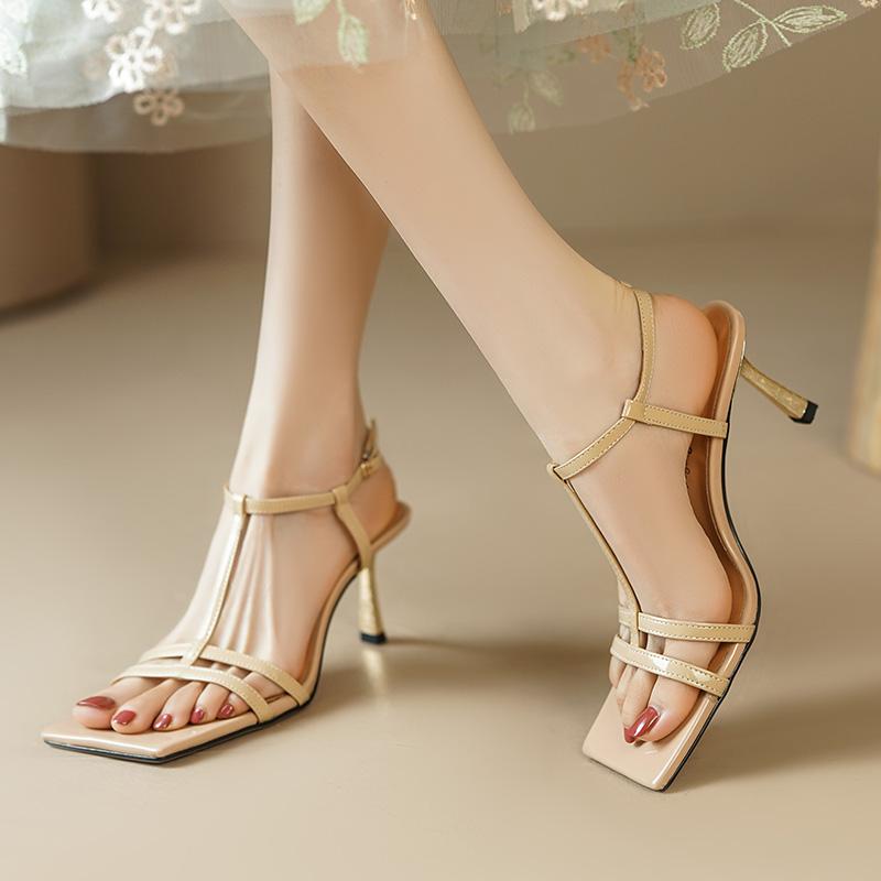 サンダル オープントゥ フェミニン スタイリッシュ シープスキン レディース エレガント ハイヒール カジュアル 上品 セクシー 快適 スクエアトゥ
