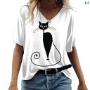 レディース Tシャツ 半袖 Vネック 猫 3D キャット アニマル かわいい プリントデザイン スタイリッシュ カジュアル 薄手