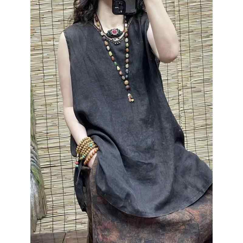 レディース サマーコーデ レトロ コットンリネン ミドル丈 シャツ トップス ノースリーブ 薄手 涼感 軽量 快適 ゆったり リラックス カジュアル ナチュラル シンプル