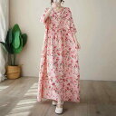 サマードレス ホリデードレス コットンリネン 大きめサイズ 婦人服 花柄 ピンク ボヘミアン ホリデースタイル 女性用 おしゃれ カジュアル レジャー リゾート 休日 バカンス 旅行