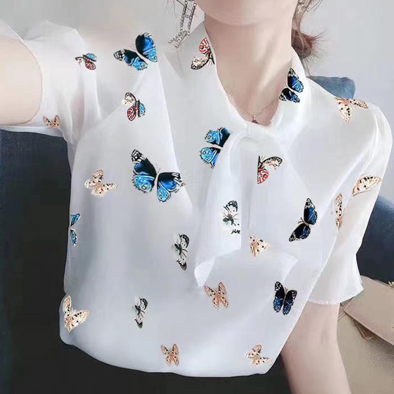 シャツ ブラウス 高級感 プリントシャツ 夏 スリム 半袖 レディース シフォンシャツ 万能 トップス 蝶プリント おしゃれ カジュアル ビジネス レジャー 休日 アーバン スタイリッシュ フェミニン