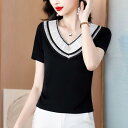 シャツ ブラウス 夏 Vネック レース スリム 半袖 婦人服 レディース 年齢軽減 トップス おしゃれ カジュアル ビジネス レジャー 休日 アーバン スタイリッシュ フェミニン お食事 デイリーユース
