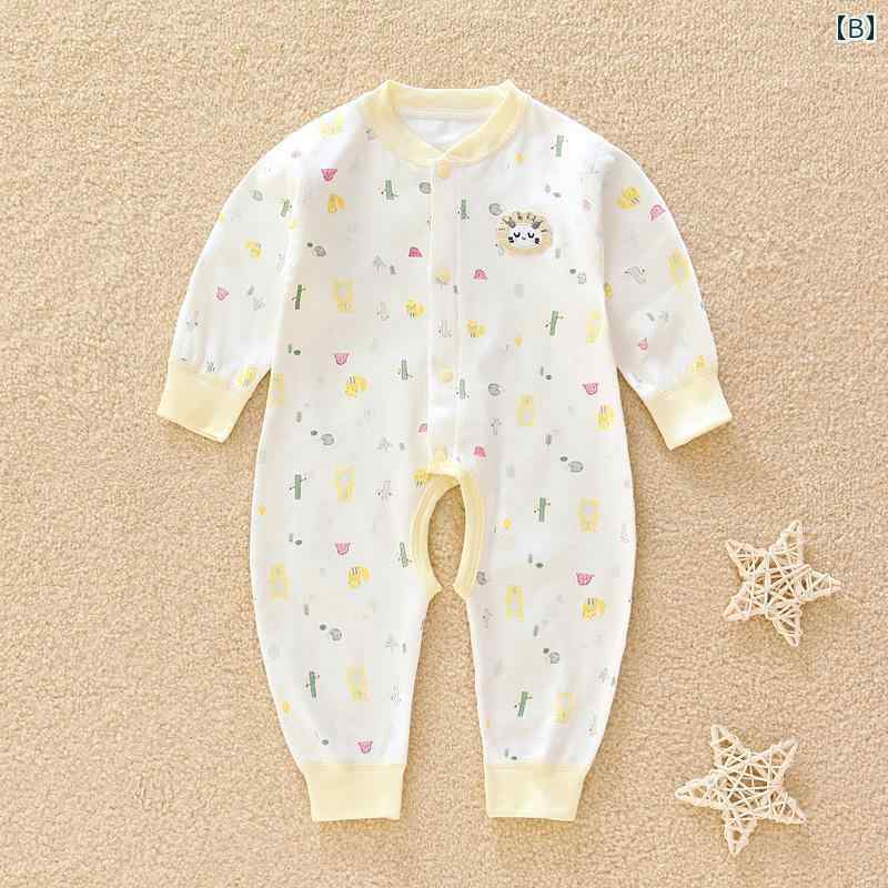 ベビーウェア コットン プリント ロンパース 長袖 前開きボタン 丸襟 オープンクロッチ ジャンプスーツ カジュアル 快適 通気性 新生児 春秋 男の子 女の子 軽量 ソフト 日常使い プレゼント