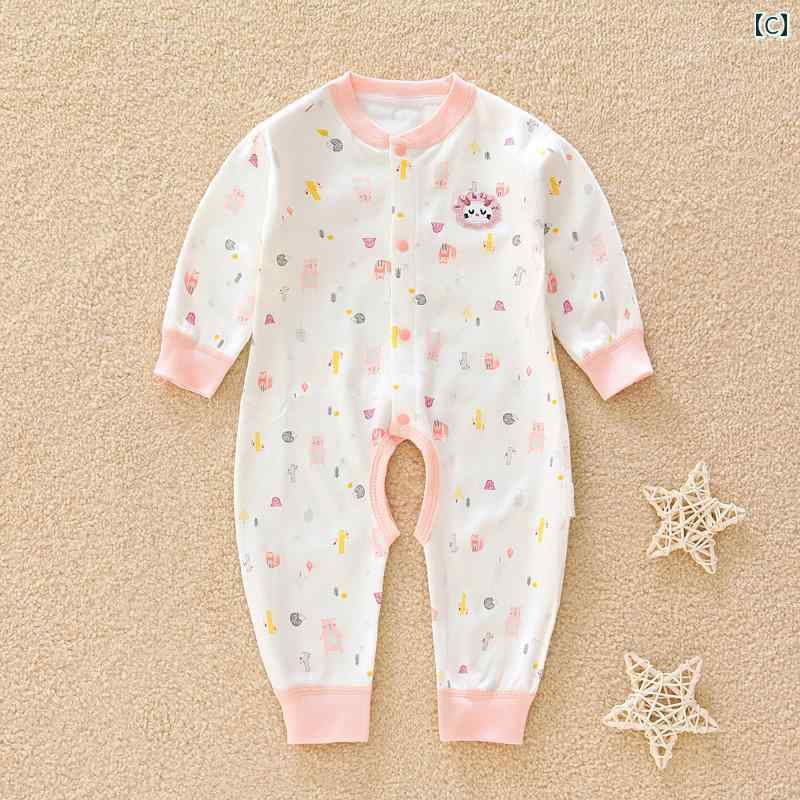ベビーウェア コットン プリント ロンパース 長袖 前開きボタン 丸襟 オープンクロッチ ジャンプスーツ カジュアル 快適 通気性 新生児 春秋 男の子 女の子 軽量 ソフト 日常使い プレゼント