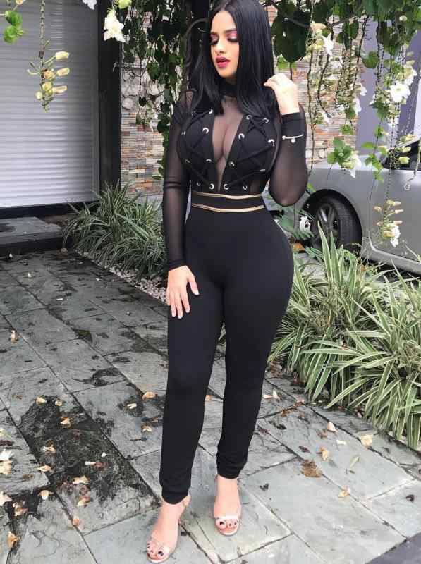 レディース ブラックメッシュ パッチワーク ストラップ ジャンプスーツ セクシー 魅惑的 エレガント ス..