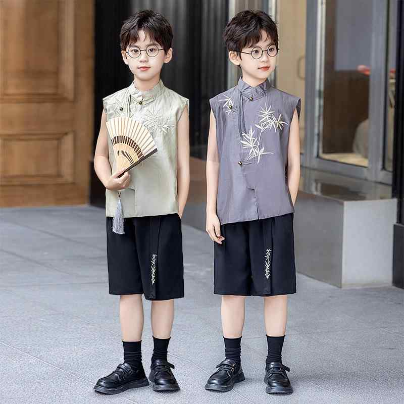 ステージ衣装 スーツ セット 立て襟 詰襟 人民服 竹の葉 ノースリーブ 半ズボン キッズ 子供 メンズ 舞..