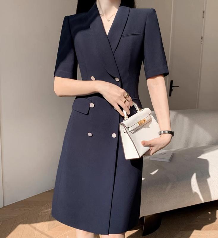 レディース ドレス ワンピース 半袖 五分袖 紺 ネイビーブルー ダブルブレスト ボタン6つ 膝丈 ミドル丈 薄手 フォーマル スタイリッシュ エレガント オフィス ビジネス 制服