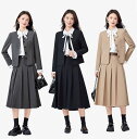 レディース スカートスーツ セットアップ 3点 ミディ丈 膝下 プリーツ 襞 白シャツ 黒 グレー ベージュ 上着 ジャケット ノーカラー ラウンドネック クラシック モダン シック オフィス 教員
