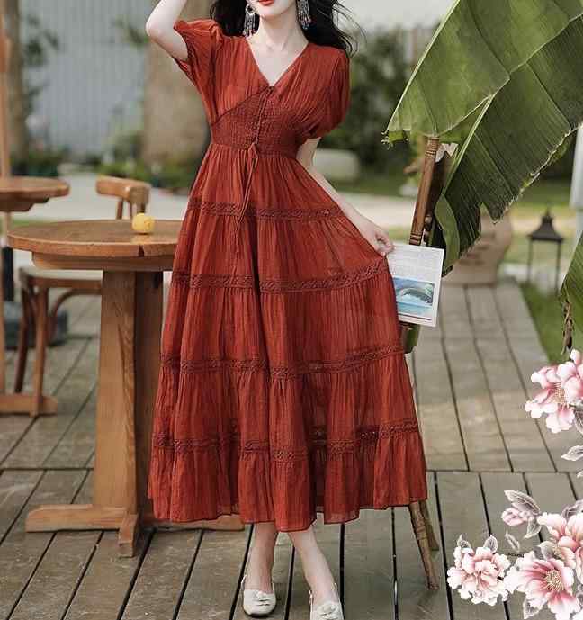 レディース ドレス ロング 半袖 パフスリーブ 赤茶 レンガ色 Vネック ハイウエスト ギャザープリーツ レースアップ ループリボン フレア 透け感 レトロ アンティーク ロマンティック フレンチ(4)