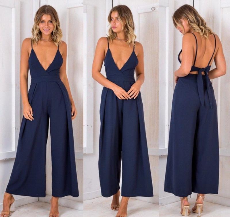 オールインワン Vネック ストラップ オープンバック ワイドレッグパンツ ジャンプスーツ レディース セクシー 魅惑的 おしゃれ カジュアル スタイリッシュ レジャー リゾート 休日 バカンス 旅行