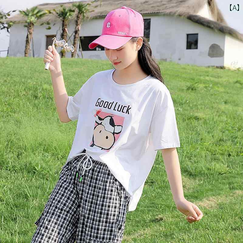 ガールズ 女の子 夏 Tシャツ 韓国 高校生 中学生 半袖 トップ パンツ チェック 柄物 カジュアル デイリー ツーピース 上下セット 2点セット