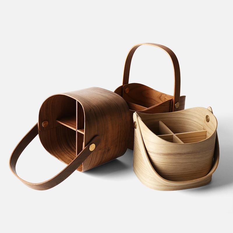 かごバッグ 家庭使用 ブラックウォールナット 無垢材 ポータブル 収納ボックス 持ち運び便利 バスケッ..