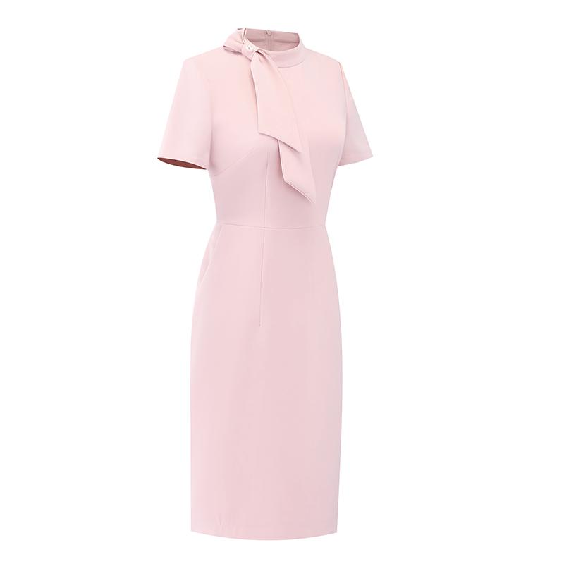 制服 ユニフォーム ワンピース リボン 半袖 無地 フィット ピンク 夏 レディース 受付 フロント オフィス クリニック 医療 サロン ショップ 接客 シンプル