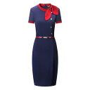 制服 ユニフォーム ワンピース リボン 縁取り ステッチ 半袖 七分袖 無地 青 フィット 夏 レディース コンパニオン 受付 フロント イベント ショップ フェミニン