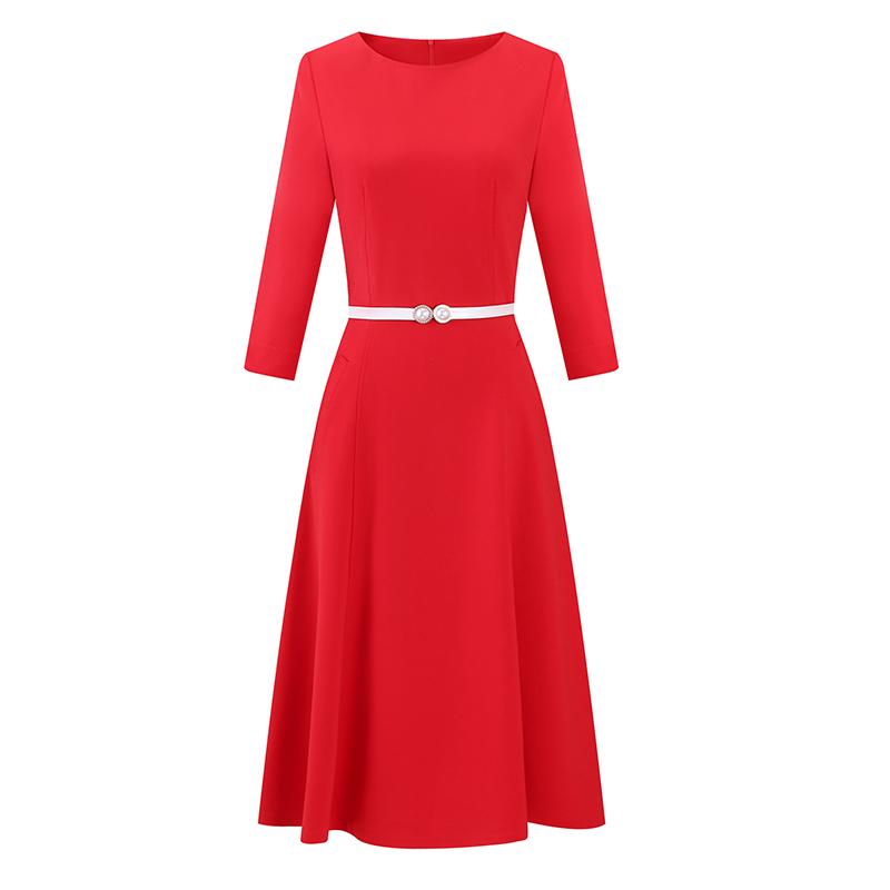 制服 ユニフォーム ワンピース 無地 丸首 U字 七分袖 半袖 Aライン 赤 黒 フィット レディース コンパ..