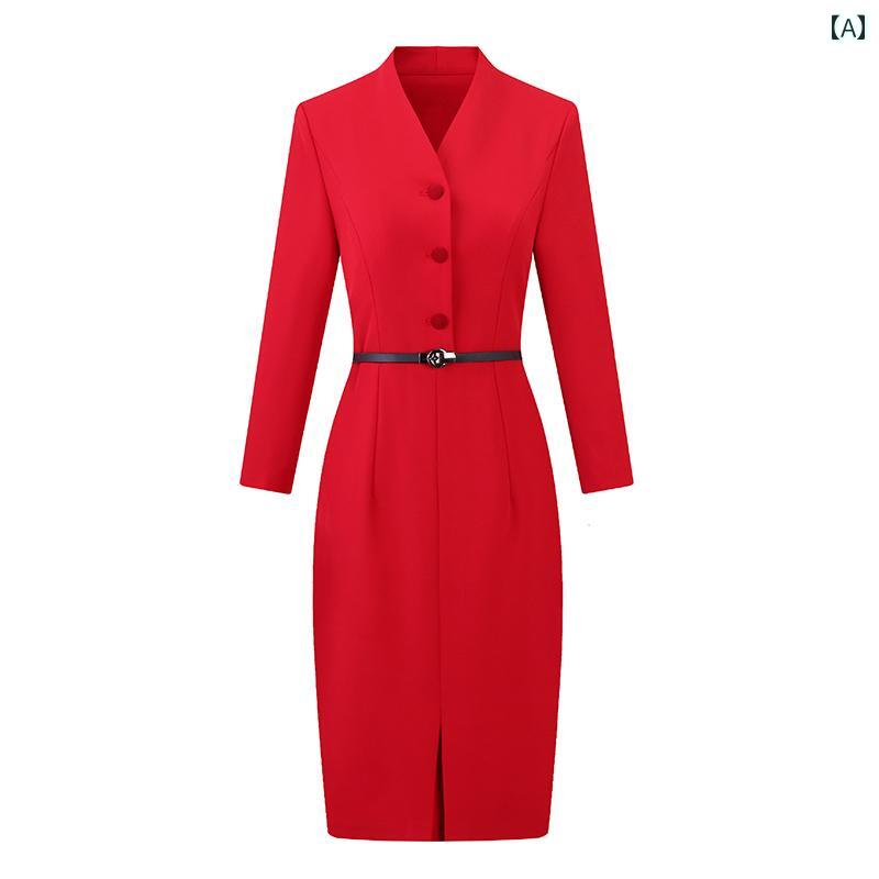 制服 ユニフォーム ワンピース 長袖 Vネック 赤 無地 スリムフィット レディース コンパニオン 受付 フロント オフィス コスメ サロン ショップ 接客 華やか